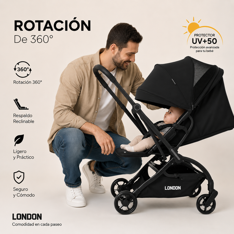 Coche London plegable rotación de 360º PREMIUM Negro