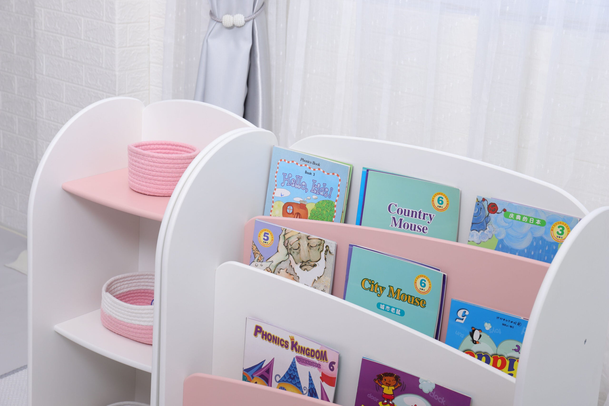 LIBRERO + GABINETE PARA ALMACENAMIENTO DE NIÑOS MONTESSORI rosa