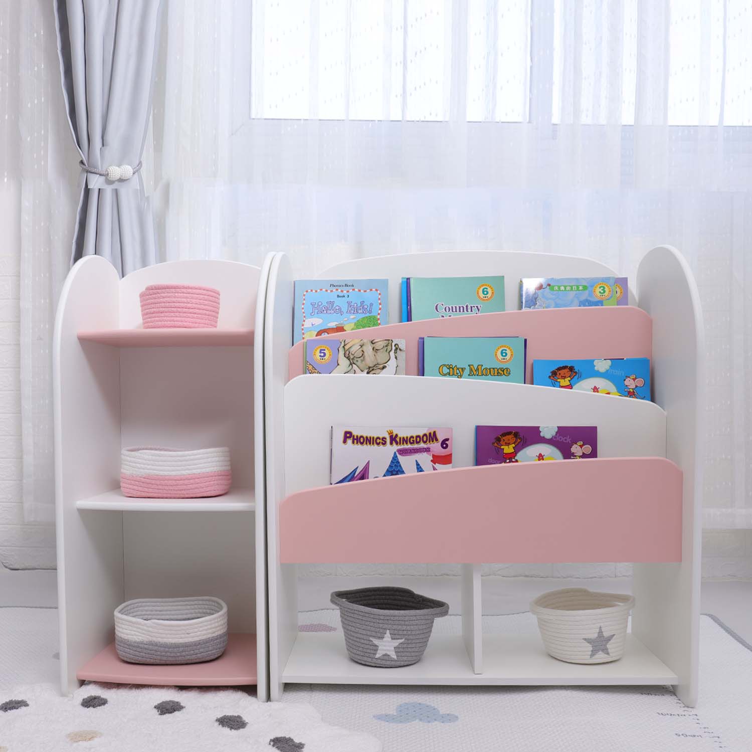 LIBRERO + GABINETE PARA ALMACENAMIENTO DE NIÑOS MONTESSORI rosa